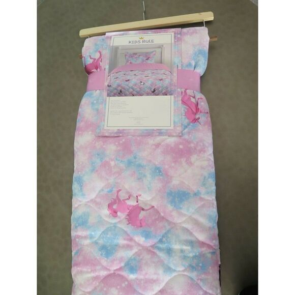 KIDS RULE UNICORNS PINK METALLIC AQUA REVERSIBLE TWIN QUILT SHAM SET $140+ - Picture 4 of 8